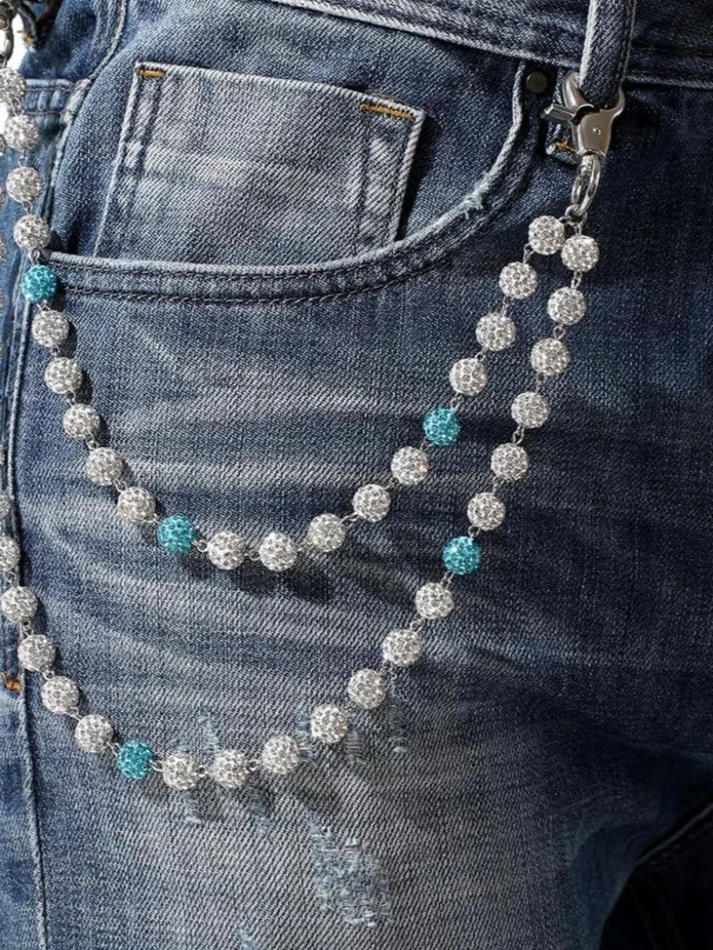 Rhinestone Ball Jeans Chain, Double Layer Crystal Waist Chain, Silver & Blue Spa